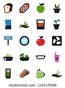 Color and black flat icon set - hot cup vector, seedling, plant label, drink, phyto bar, salad, bacon, bread, dog, apple fruit, fan, fridge, palm sproute