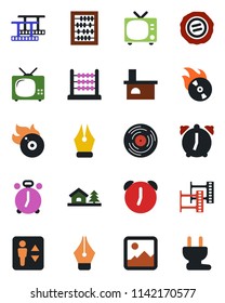 Color and black flat icon set - elevator vector, alarm clock, tv, abacus, stamp, fireplace, film frame, vinyl, flame disk, gallery, ink pen, house with tree, power plug