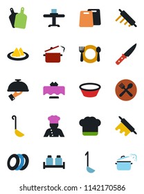 Color and black flat icon set - cook vector, restaurant table, serviette, cafe, hat, plates, waiter, salt and pepper, ladle, bowl, rolling pin, cutting board, knife, steaming pan