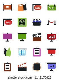 Color and black flat icon set - fence vector, flight table, presentation board, meeting, clipboard, clapboard, sale, sold signboard, cutting, chip
