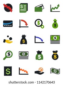 Color and black flat icon set - money bag vector, crisis graph, cash, receipt, credit card, growth, search, investment