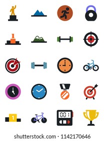 Color and black flat icon set - pedestal vector, medal, barbell, bike, run, heavy, clock, stopwatch, target, mountains, award cup