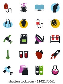 Color and black flat icon set - satellite antenna vector, book, blood test vial, dropper, ampoule, real heart, joint, virus, sd, thermometer, rocket, flask