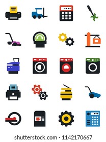 Color and black flat icon set - coffee machine vector, washer, fork loader, gear, lawn mower, ripper, tomography, printer, copier, crane, combination lock