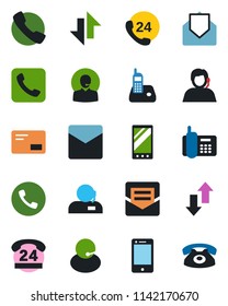 Color and black flat icon set - phone vector, office, 24 hours, support, cell, radio, mail, mobile, call, data exchange