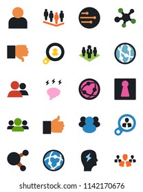 Color and black flat icon set - female vector, team, brainstorm, network, share, group, finger up, down, user, company, client search, consumer