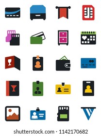 Color and black flat icon set - credit card vector, identity, medical calendar, gallery, sd, sim, archive box, wine, pass, wallet, pennon