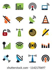 Color and black flat icon set - antenna vector, wireless notebook, border cone, radar, satellite, equalizer, mute, cellular signal, lock