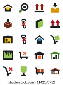 Color and black flat icon set - fragile vector, cargo, warehouse storage, up side sign, no trolley, hook, package, search, scanner, blank box