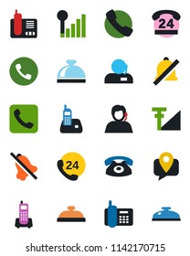 Color and black flat icon set - phone vector, reception bell, office, 24 hours, support, mobile tracking, radio, call, mute, cellular signal