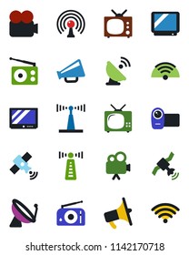 Color and black flat icon set - antenna vector, satellite, radio, loudspeaker, tv, video camera, wireless