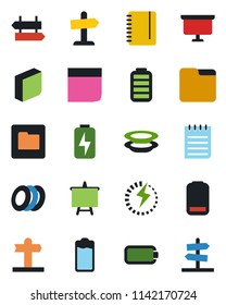 Color and black flat icon set - signpost vector, notepad, presentation board, battery, low, folder, charge, blank box, plates, guidepost