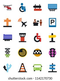 Color and black flat icon set - airport tower vector, plane radar, taxi, bus, parking, passport control, signpost, border cone, helicopter, disabled, route, traffic light, truck trailer, guidepost