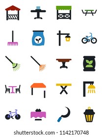Color and black flat icon set - cafe vector, rake, sickle, garden light, picnic table, fertilizer, bike, restaurant, alcove, outdoor lamp