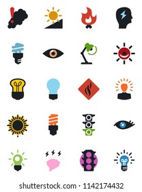 Color and black flat icon set - sun vector, brainstorm, bulb, fire, eye, traffic light, brightness, desk lamp, smoke detector, energy saving, alarm led, shining head, idea
