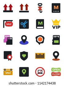 Color and black flat icon set - no laptop vector, vip, stamp, heart shield, pin, up side sign, hook, barcode, sd, cut, place tag, sertificate, sale, menu, open close
