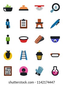 Color and black flat icon set - manager vector, abacus, pen, ladder, glove, fireplace, real heart, patient, clipboard, client search, reception, salad, bacon, hot dog, bowl, outdoor lamp, sprinkler
