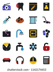 Color and black flat icon set - suitcase vector, lawn mower, seeds, syringe, pills, lungs, caries, radio, headphones, clock, scanner, notes, identity card, water supply, lock, bathroom, snowflake