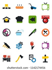 Color and black flat icon set - spoon and fork vector, tv, desk, document reload, circle chart, lawn mower, axe, warehouse storage, tulip, rewind, pen, cook hat, bread, rolling pin, steaming pan