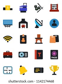 Color and black flat icon set - ticket vector, passport, abacus, fireplace, truck trailer, satellite antenna, user, bell, case, copier, plan, air conditioner, wireless, wine card, cutting board