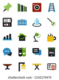 Color and black flat icon set - book vector, rake, ladder, water drop, picnic table, sorting, dialog, paper pin, message, mobile camera, stopwatch, desk lamp, mailbox, fence, coffee, eco house