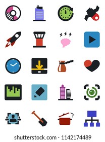 Color and black flat icon set - airport tower vector, brainstorm, job, circle chart, satellite, heart, play button, scanner, notes, download, eye id, clock, hr, office building, city house, rocket