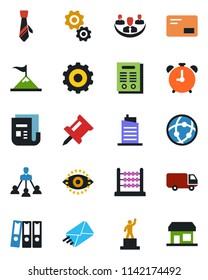 Color and black flat icon set - alarm clock vector, gear, pedestal, car delivery, news, mail, network, eye id, company, drawing pin, abacus, paper binder, tie, hierarchy, contract, city house