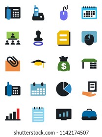Color and black flat icon set - stamp vector, graduate, mouse, desk, notepad, document, money bag, calendar, statistic monitor, office phone, radio, paper clip, bar graph, pie, hierarchy, case