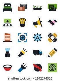 Color and black flat icon set - handshake vector, hierarchy, crisis graph, pencil, seedling, patch, cargo container, car delivery, loudspeaker, torch, news, bedroom, city house, cook, bowl, bulb