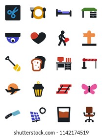 Color and black flat icon set - barrier vector, bed, desk, job, butterfly, signpost, plane, heart, cut, paper tray, manager, sun panel, cafe, drink, bread, knife, outdoor lamp, surveillance