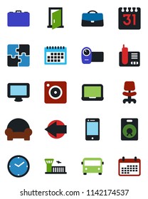 Color and black flat icon set - airport bus vector, left arrow, building, office chair, case, notebook pc, video camera, cell phone, monitor, radio, speaker, mobile, calendar, application, clock