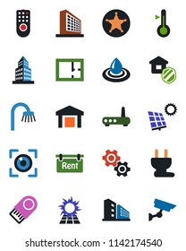 Color and black flat icon set - office building vector, warehouse, sun panel, plan, rent, bathroom, estate insurance, power plug, remote control, router, gear, water, thermometer, eye scan, police