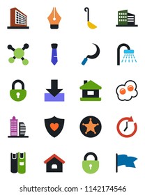 Color and black flat icon set - shower vector, lock, office building, sickle, heart shield, molecule, download, ink pen, tie, book, house, ladle, omelette, police, clock, flag
