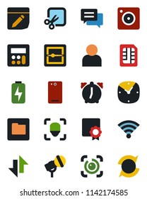 Color and black flat icon set - microphone vector, phone back, message, mobile camera, user, calculator, clock, alarm, scanner, sim, folder, notes, data exchange, wireless, cut, face id, eye, charge