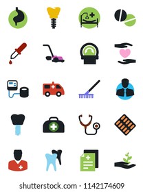 Color and black flat icon set - rake vector, lawn mower, doctor case, diagnosis, stethoscope, blood pressure, dropper, pills, blister, tomography, ambulance car, hospital bed, heart hand, stomach
