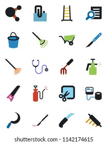 Color and black flat icon set - document search vector, garden fork, rake, ladder, wheelbarrow, bucket, saw, sickle, knife, sprayer, stethoscope, blood pressure, scalpel, share, cut, paper clip