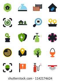 Color and black flat icon set - reception bell vector, radar, tree, garden sprayer, ambulance star, important flag, mobile tracking, cargo container, search, protect, face id, eye, house with