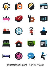 Color and black flat icon set - baggage conveyor vector, reception, bed, meeting, statistic monitor, term, no hook, shield, camera, network, dialog, root setup, news, house, bedroom, steak