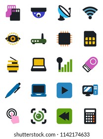 Color and black flat icon set - pen vector, satellite antenna, touch screen, laptop pc, play button, rewind, sd, sim, wireless, eye id, cellular signal, notebook, copier, chip, router, usb flash