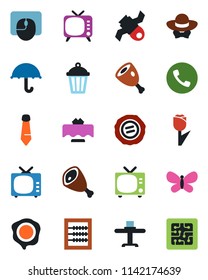 Color and black flat icon set - phone vector, tv, mouse, tie, stamp, butterfly, garden light, satellite, umbrella, tulip, abacus, restaurant table, dress code, ham, chip