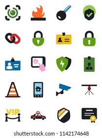 Color and black flat icon set - alarm car vector, identity, border cone, card, shield, flammable, chain, protect, lock, eye id, key, vip zone, home control app, surveillance, sprinkler, certificate