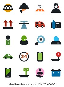 Color and black flat icon set - runway vector, taxi, 24 around, mobile phone, ambulance car, office, support, client, delivery, up side sign, heavy scales, search cargo, cell, waiter, warm floor