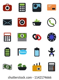 Color and black flat icon set - baby vector, mail, camera, chain, battery, mobile, gallery, calculator, rooms, phone, salad, cash