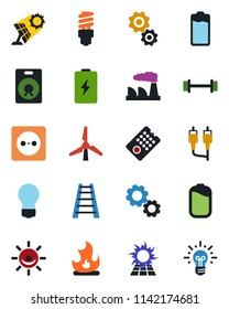 Color and black flat icon set - bulb vector, factory, ladder, fire, barbell, speaker, battery, rca, windmill, socket, remote control, energy saving, sun panel, alarm led, gear, idea