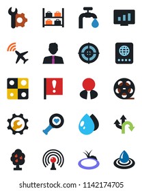 Color and black flat icon set - plane radar vector, passport, luggage storage, statistic monitor, water drop, pond, heart diagnostic, route, important flag, reel, antenna, application, root setup