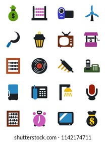 Color and black flat icon set - alarm clock vector, abacus, well, sickle, vinyl, tv, video camera, microphone, office phone, rolling pin, outdoor lamp, fridge, windmill, money bag