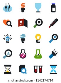 Color and black flat icon set - bulb vector, blood test vial, thermometer, heart diagnostic, ampoule, fragile, search cargo, torch, document, client, wine card, energy saving, idea, flask