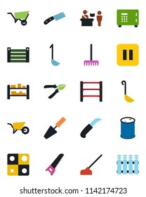 Color and black flat icon set - passport control vector, safe, trowel, rake, wheelbarrow, pruner, saw, hoe, garden knife, container, oil barrel, rack, pause button, application, ladle, radiator