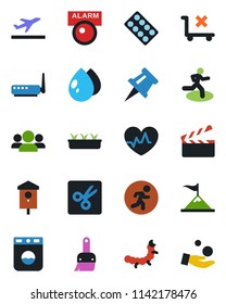 Color and black flat icon set - departure vector, seedling, water drop, caterpillar, bird house, heart pulse, pills blister, run, no trolley, clapboard, themes, cut, drawing pin, router, washer