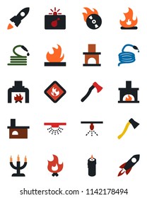 Color and black flat icon set - bomb in case vector, fire, hose, axe, fireplace, flammable, flame disk, candle, sprinkler, rocket